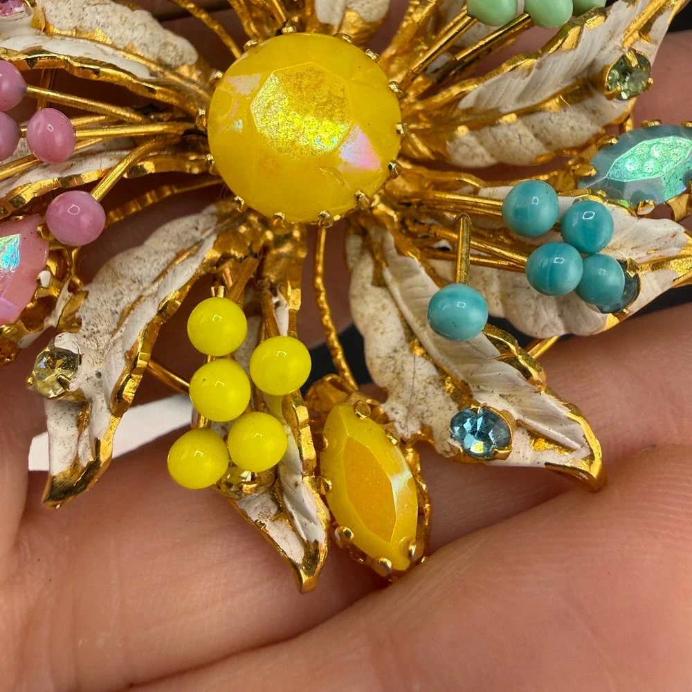 Vintage Rhinestone Flower Brooch Multicolor Enamel Gold Tone